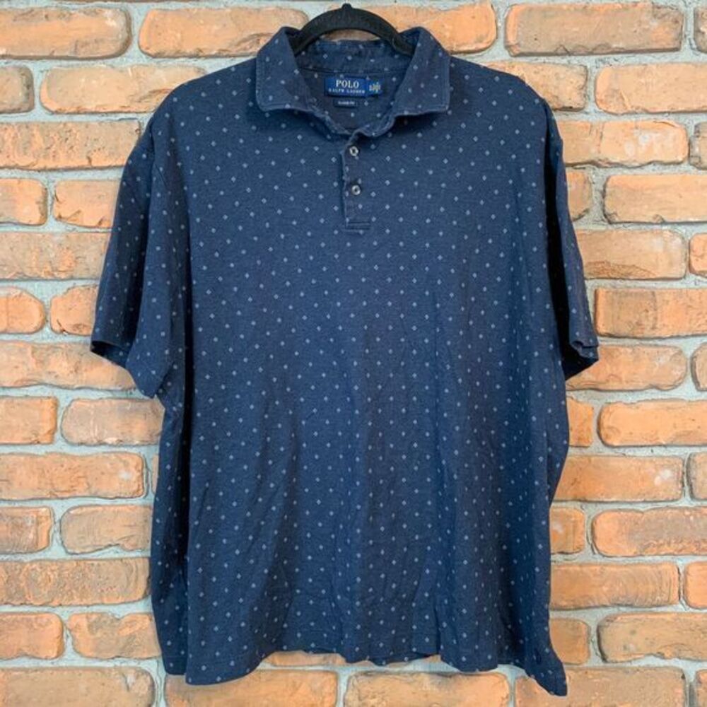 Polo Ralph Lauren Mens XL Top Navy Classic Fit Diamond Print Polo Shirt Cotton